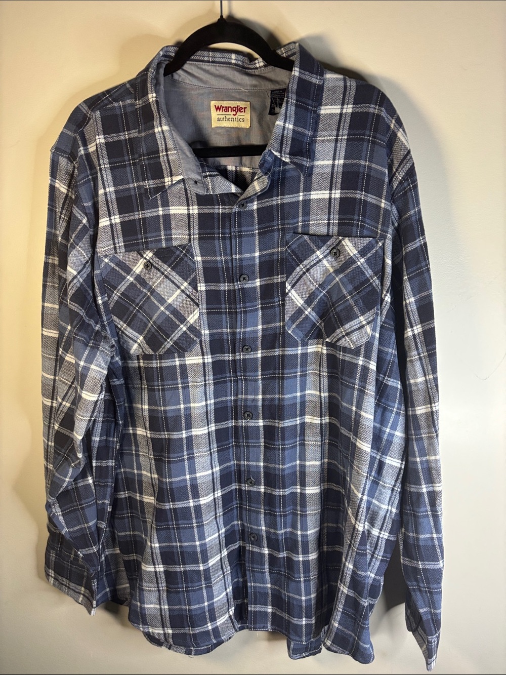 Wrangler Blue and White Plaid Button-Down Shirt